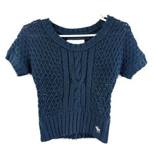 Abercrombie & Fitch Crochet y2k Blue Short Sleeve Sweater Crop Chunky Wool Sz S